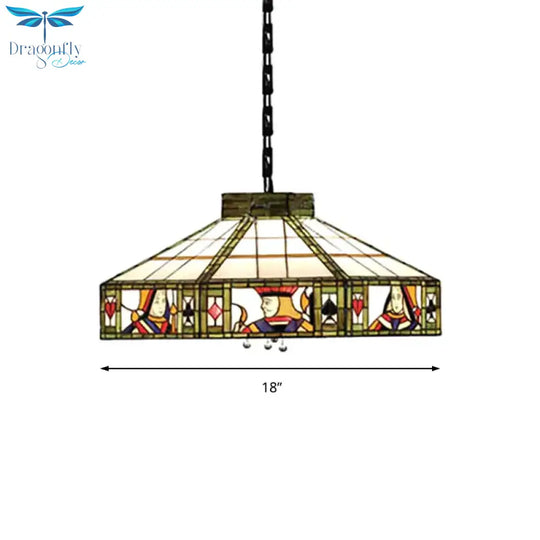 Poker Hanging Lamp Tiffany - Style 3 Bulbs White - Yellow/Green - White Handcrafted Art Glass