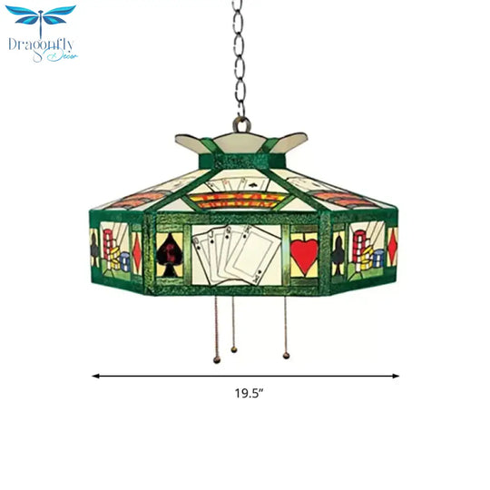 Poker Hanging Lamp Tiffany - Style 3 Bulbs White - Yellow/Green - White Handcrafted Art Glass