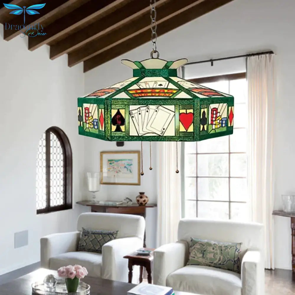 Poker Hanging Lamp Tiffany - Style 3 Bulbs White - Yellow/Green - White Handcrafted Art Glass
