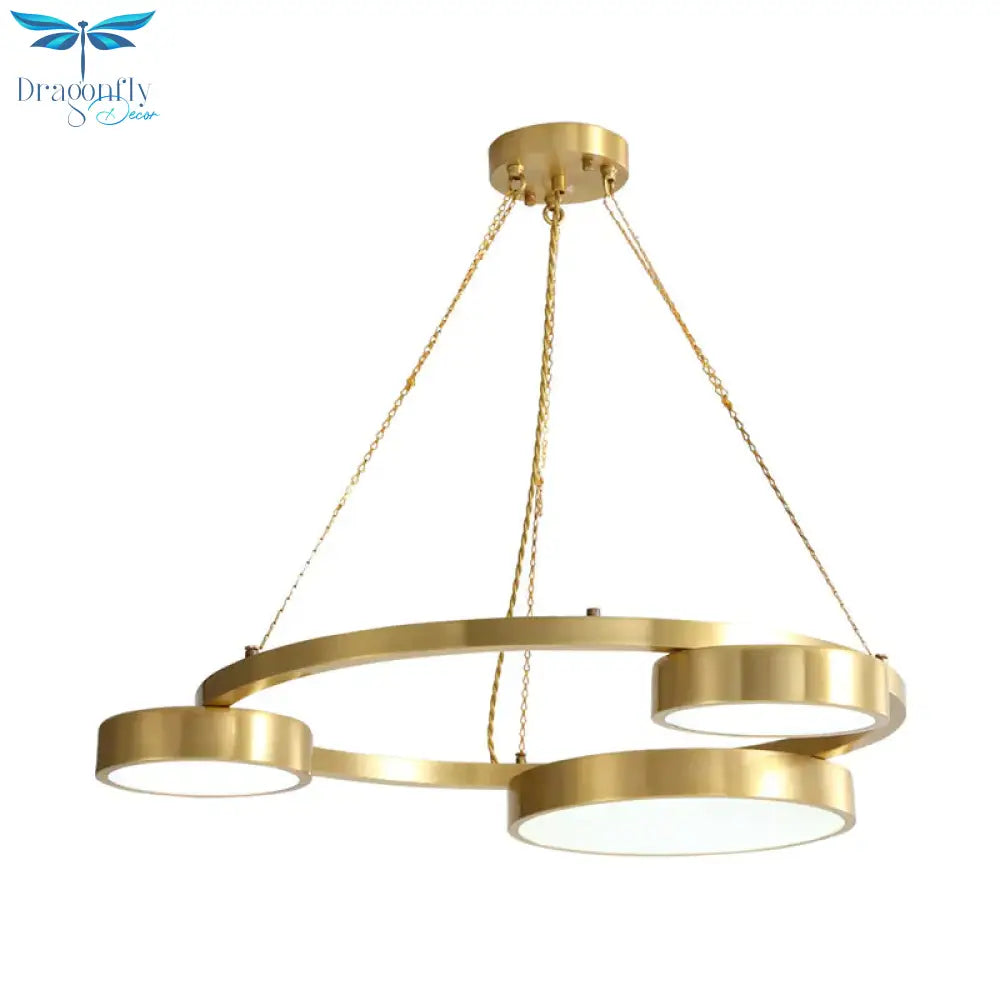 Postmodern Round Hanging Light Metal 3 Lights Dining Room Ceiling Chandelier In Brass