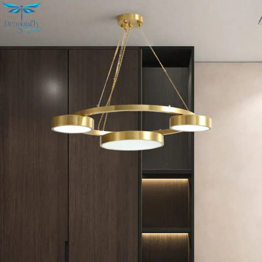 Postmodern Round Hanging Light Metal 3 Lights Dining Room Ceiling Chandelier In Brass