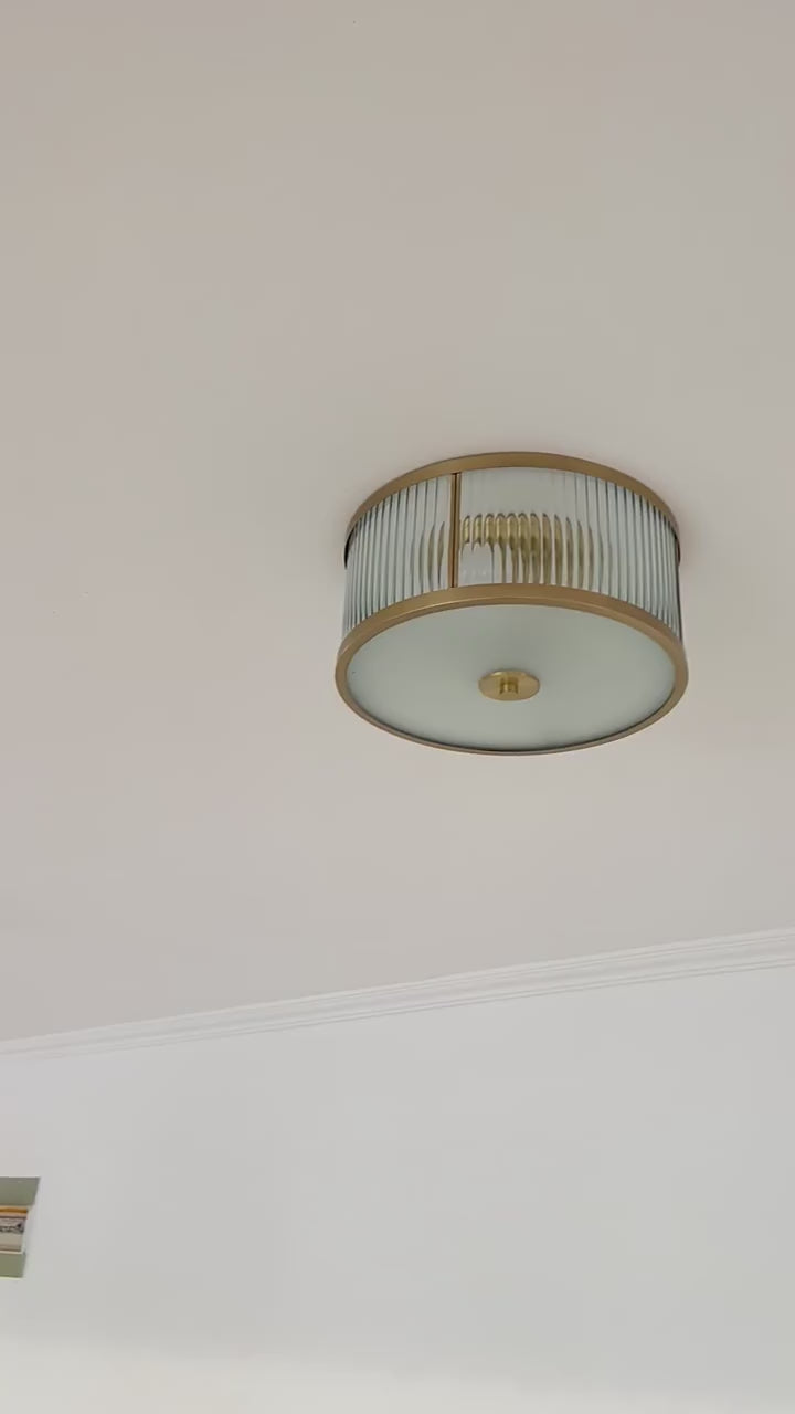 Antiqued Opaline Glass 3-Head Brass Flush Mount Light with Fluted Drum Design for Bedrooms