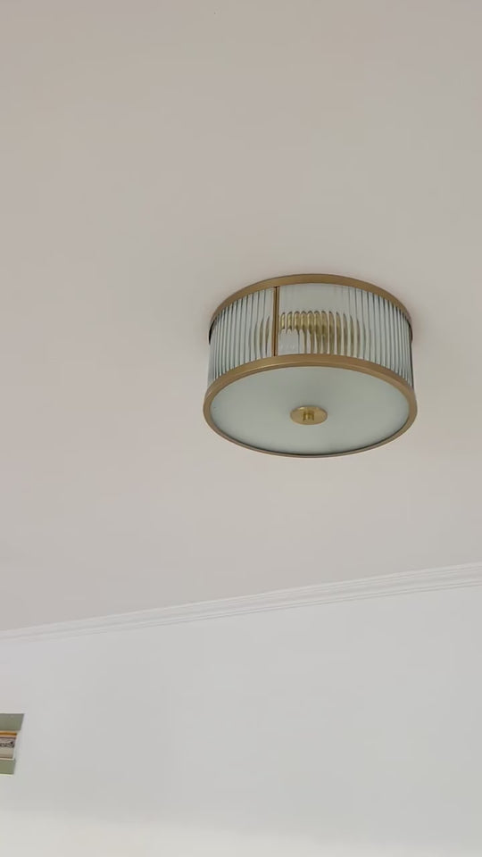 Antiqued Opaline Glass 3-Head Brass Flush Mount Light with Fluted Drum Design for Bedrooms