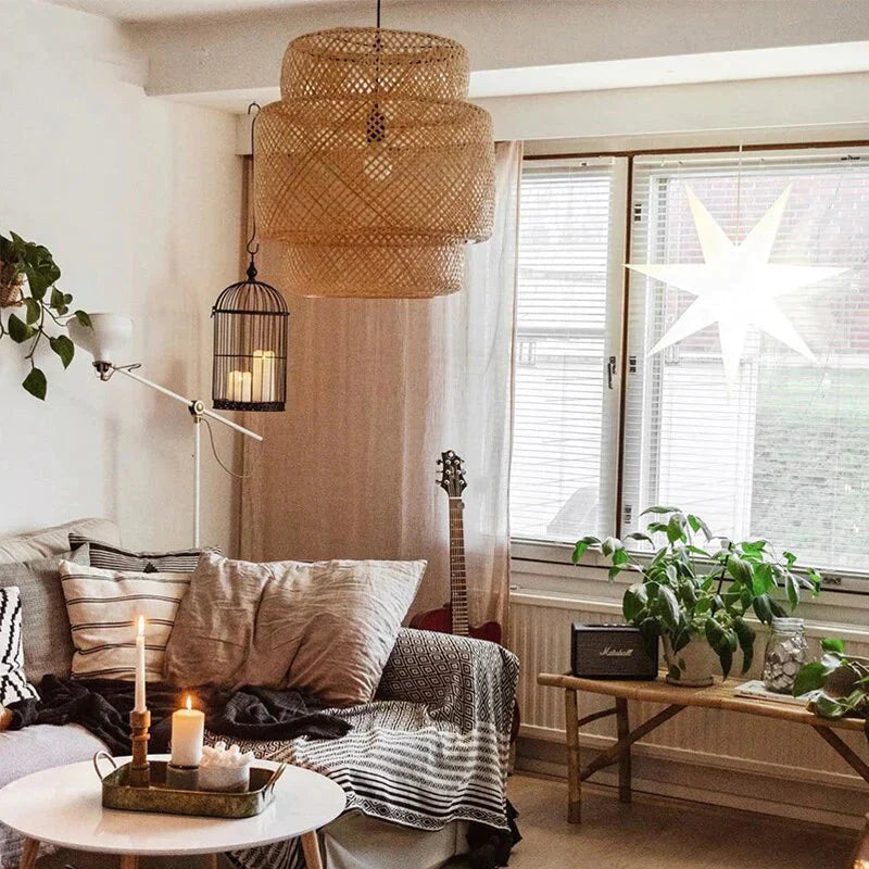 Chinese Rural Style Handmade Rattan Weaving Pendant Lights For Restaurant Cafe Originality Bamboo