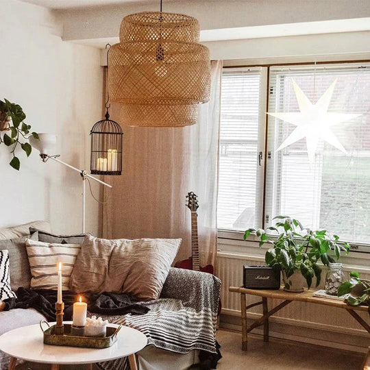 Chinese Rural Style Handmade Rattan Weaving Pendant Lights For Restaurant Cafe Originality Bamboo