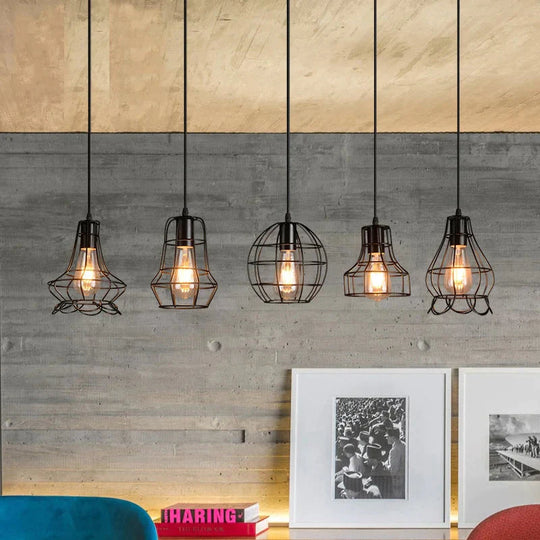 Retro Industrial Geometric Black Led Iron Pendant Lights Indoor Lighting Corridor Restaurant
