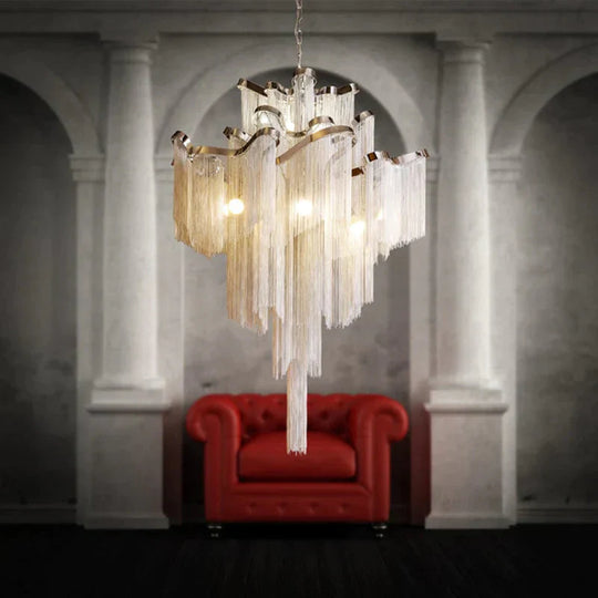 Modern Luxury Silver Gold Aluminium Chain Fringed Pendant Lamp Stair Hanging Light For Home Hotel