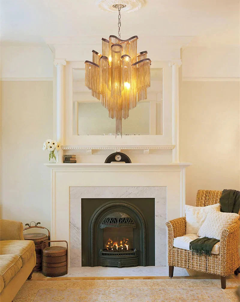 Modern Luxury Silver Gold Aluminium Chain Fringed Pendant Lamp Stair Hanging Light For Home Hotel