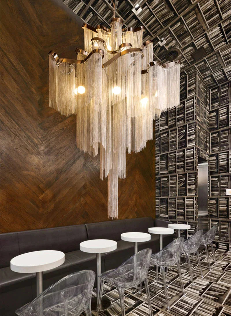Modern Luxury Silver Gold Aluminium Chain Fringed Pendant Lamp Stair Hanging Light For Home Hotel