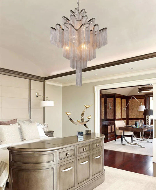 Modern Luxury Silver Gold Aluminium Chain Fringed Pendant Lamp Stair Hanging Light For Home Hotel