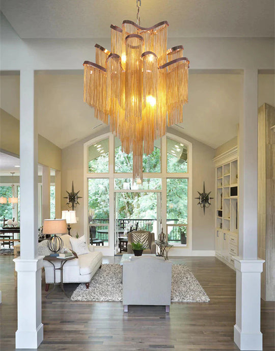Modern Luxury Silver Gold Aluminium Chain Fringed Pendant Lamp Stair Hanging Light For Home Hotel