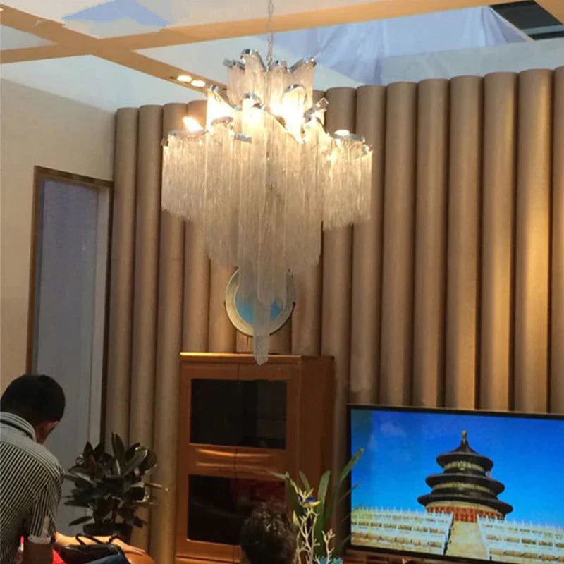Modern Luxury Silver Gold Aluminium Chain Fringed Pendant Lamp Stair Hanging Light For Home Hotel