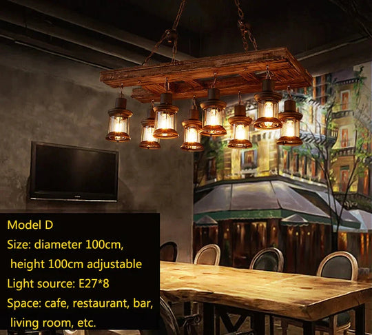 Retro Bar Industrial Wind Chandelier Loft Solid Wood Personality Restaurant Coffee Shop Pendant