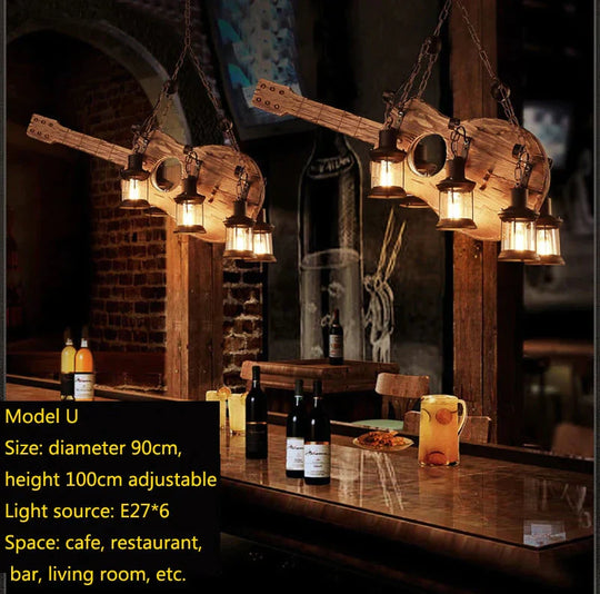 Retro Bar Industrial Wind Chandelier Loft Solid Wood Personality Restaurant Coffee Shop Pendant