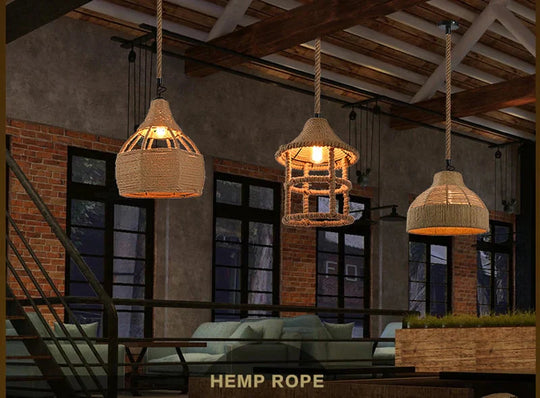 Vintage Pendant Lamp Rural American Retro Creative Personality Hand Knitted Hemp Rope Iron Cafe
