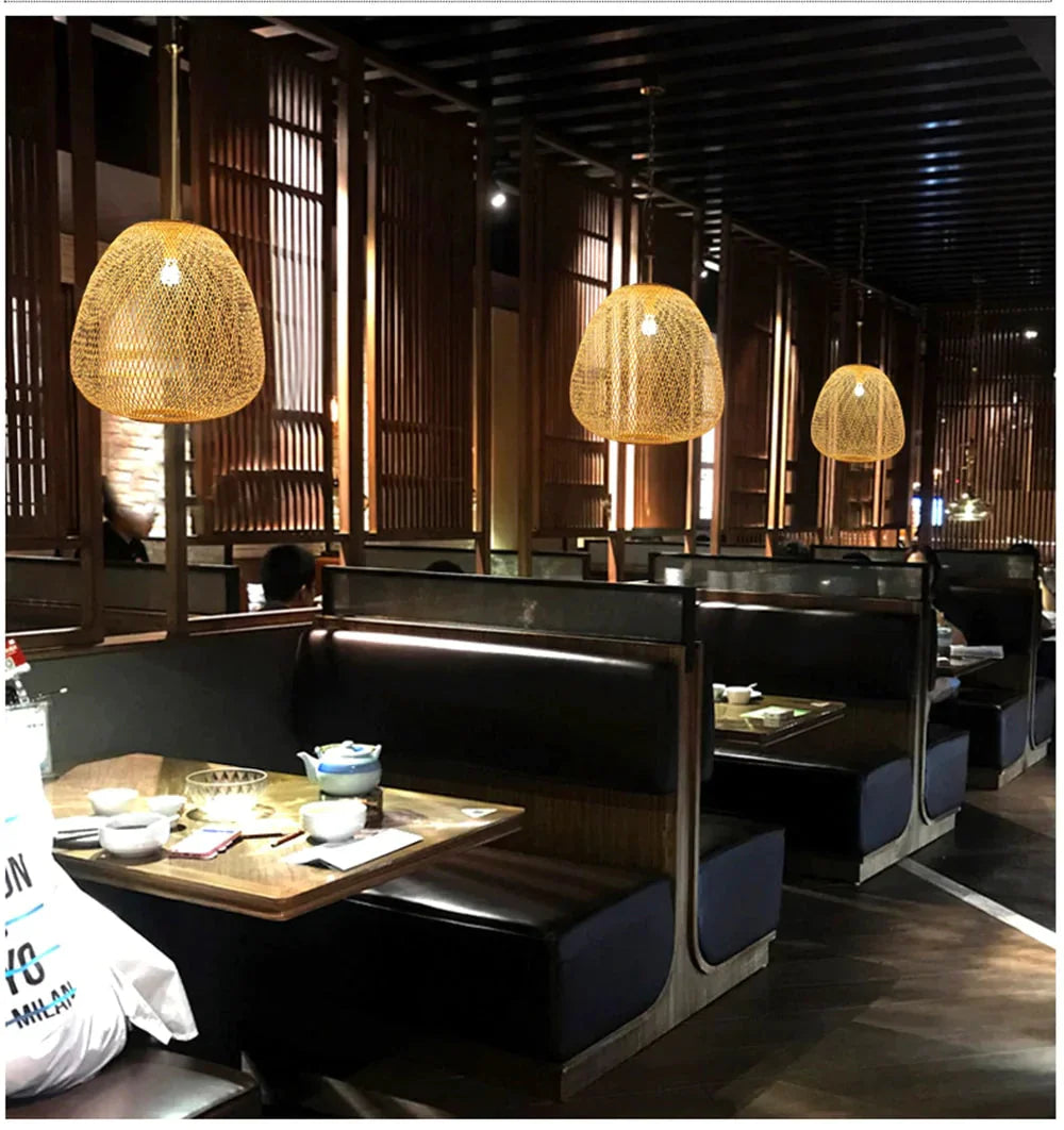 Bamboo Led E27 Wicker Rattan Wave Shade Pendant Light Vintage Japanese Lamp Suspension Home Indoor