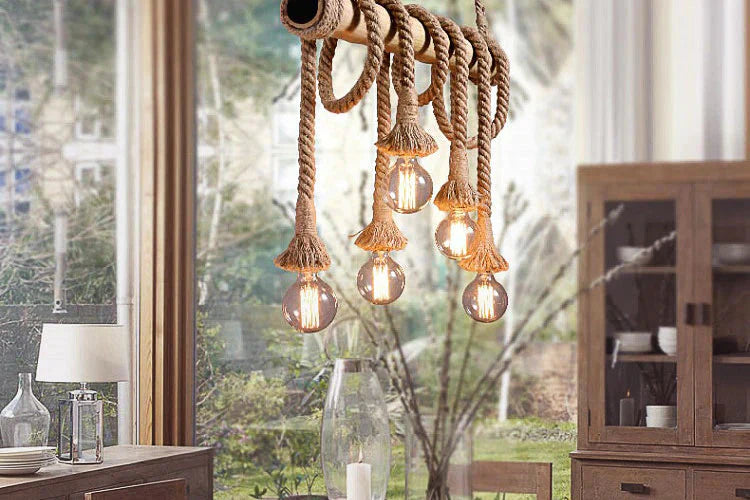 Bamboo Hemp Rope Pendant Lights Creative Restaurant Decoration Lamps Retro Bar Table Garden Hunging