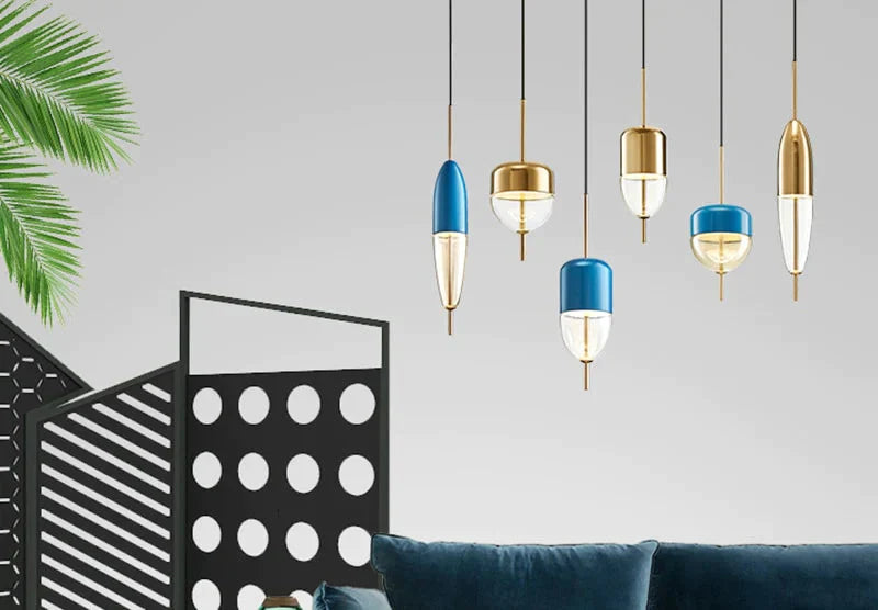 Nordic Modern Teardrop - Shaped Blue Glass Pendant Light Led Art Deco Simple White Hanging Lamp For