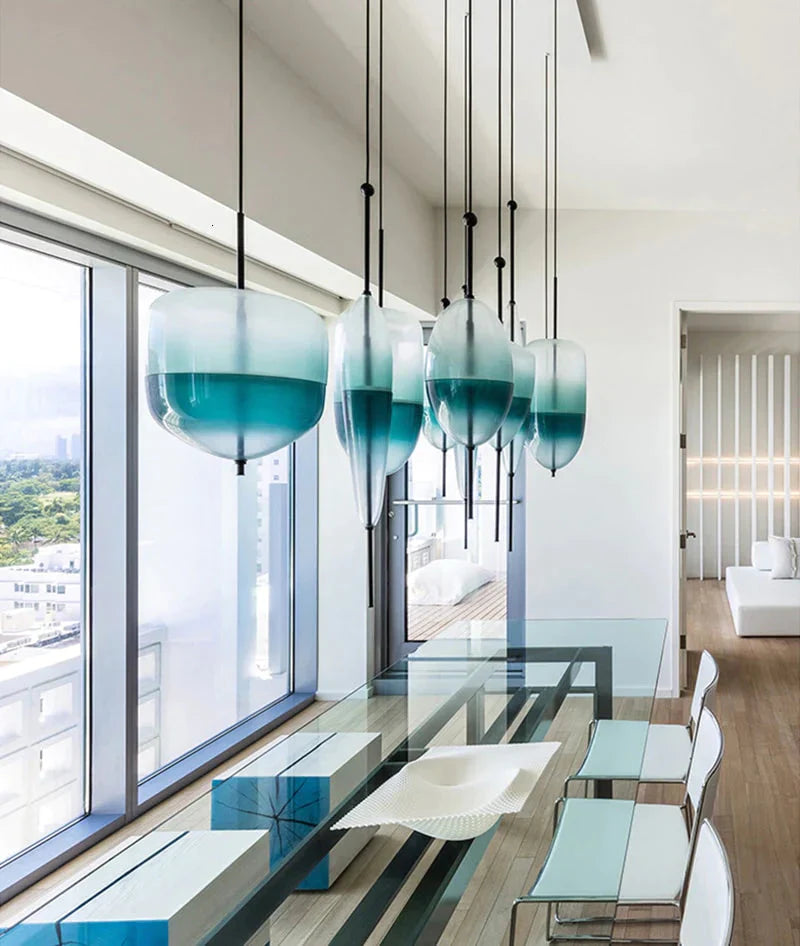 Nordic Modern Teardrop - Shaped Blue Glass Pendant Light Led Art Deco Simple White Hanging Lamp For