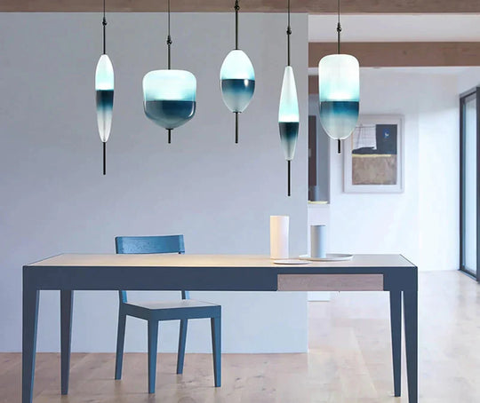 Nordic Modern Teardrop - Shaped Blue Glass Pendant Light Led Art Deco Simple White Hanging Lamp For
