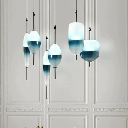Nordic Modern Teardrop - Shaped Blue Glass Pendant Light Led Art Deco Simple White Hanging Lamp For