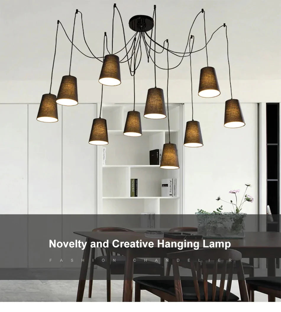 Modern Large Black/White Spider Braided Pendant Lamp Diy 10 Heads Clusters Of Hanging Fabric Shades
