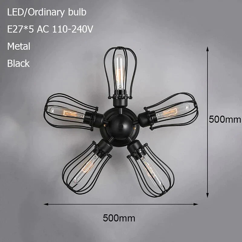Retro Vintage Black 5 Lights Grln Ceiling E27 Lamp Fixtures For Home Bedroom/Living Room/Bar/Cafe