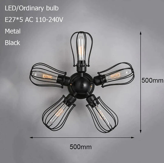 Retro Vintage Black 5 Lights Grln Ceiling E27 Lamp Fixtures For Home Bedroom/Living Room/Bar/Cafe