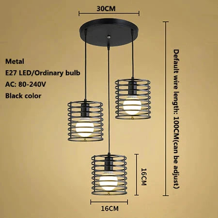Vintage 3 Head Combination Black Wrought Iron Pendant Lamp E27 Light For Kitchen Living Room