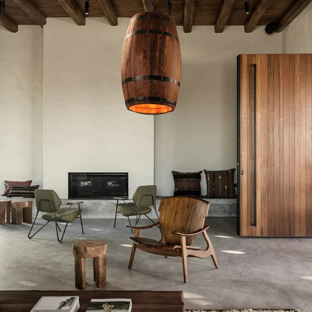 American Modern Nature Loft Wood Wine Barrel E27 Hanging Vintage Pendant Lights For Dining Room