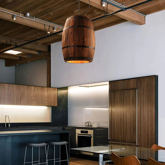 American Modern Nature Loft Wood Wine Barrel E27 Hanging Vintage Pendant Lights For Dining Room