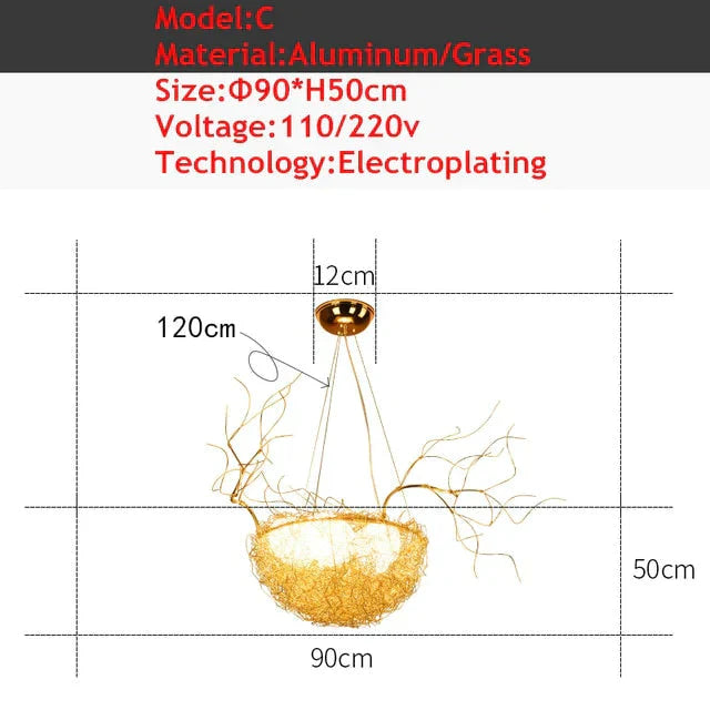 Modern Bird’s Nest Chandelier Lighting Dining Golden With Led Lamp Lustre De Cristal Pendant