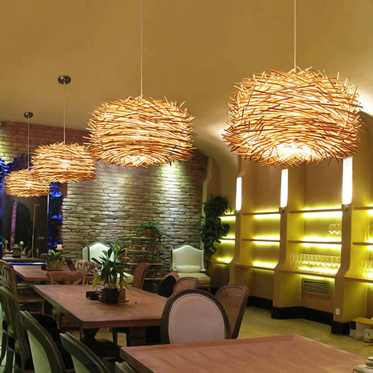Handmade Bird Nest Pendant Light Wicker Wood Hotel Restaurant Dinning Room Cafe Bar Nordic Rattan
