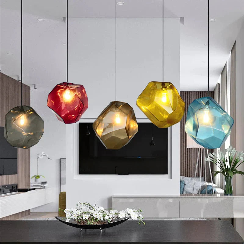 Modern Scandinavian Ice Crystal Glass Pendant Lights Creative Restaurant Hanging Colored Stone