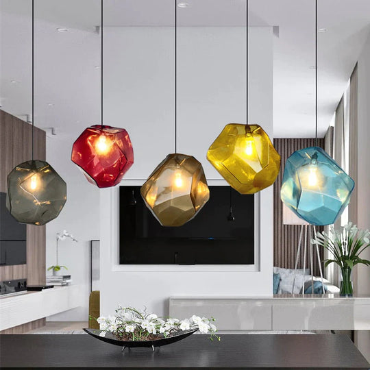 Modern Scandinavian Ice Crystal Glass Pendant Lights Creative Restaurant Hanging Colored Stone