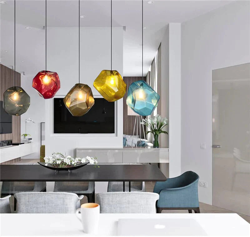 Modern Scandinavian Ice Crystal Glass Pendant Lights Creative Restaurant Hanging Colored Stone