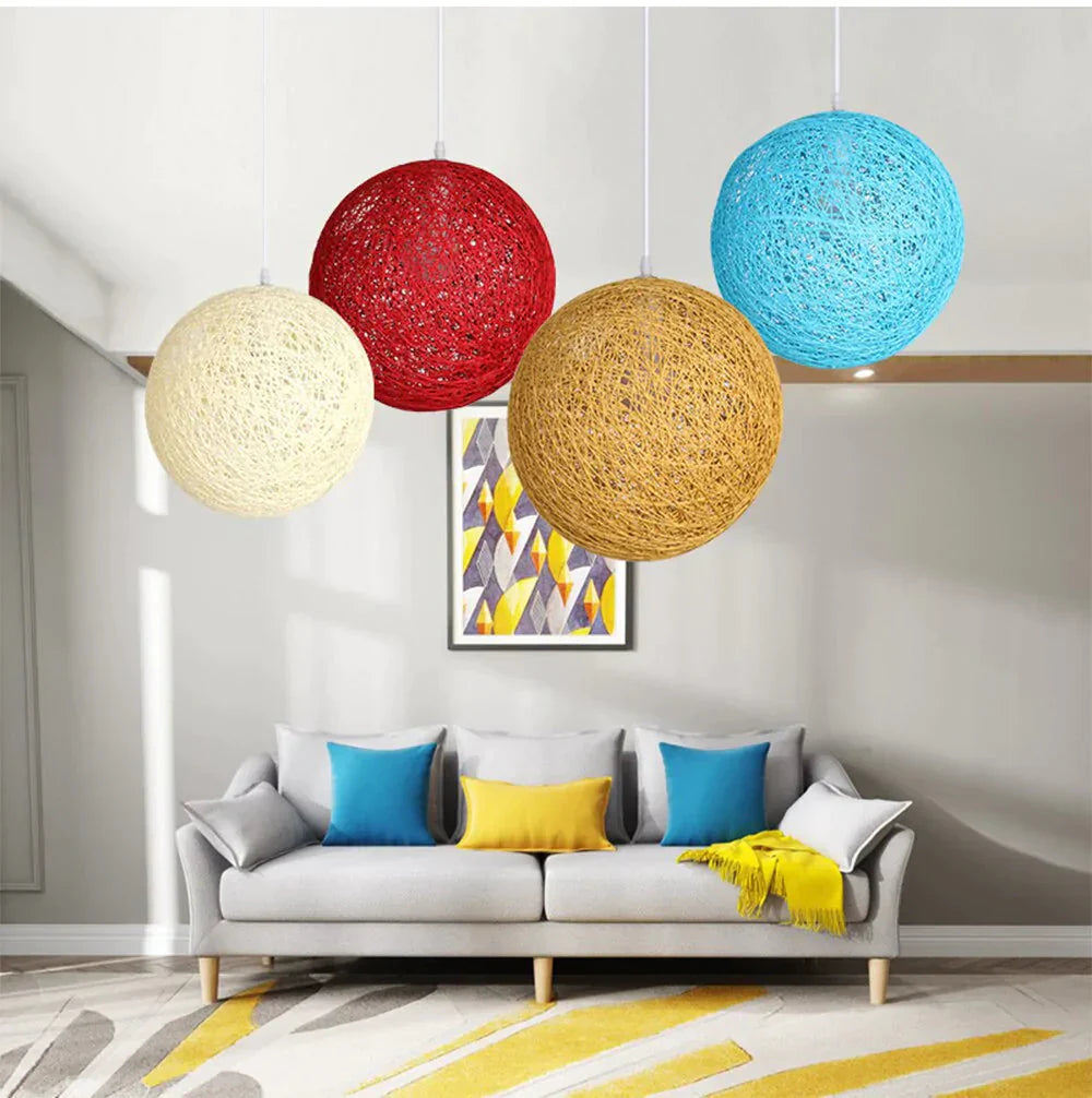 European E27 Led Hemp Ball Pendant Lights Rattan Lamp Creative Personality Bar Restaurant Home