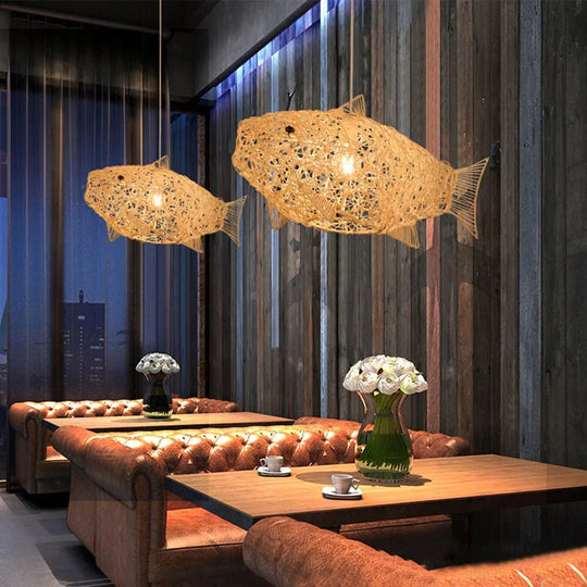Creative Fish Pendant Lights Hand Woven Rattan Hanging Lamps Restaurant Bedroom Bar Light Fixture