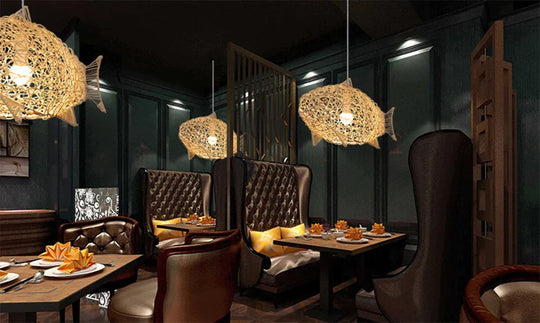 Creative Fish Pendant Lights Hand Woven Rattan Hanging Lamps Restaurant Bedroom Bar Light Fixture