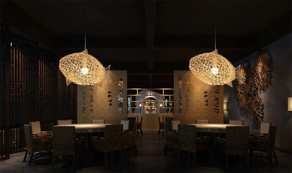 Creative Fish Pendant Lights Hand Woven Rattan Hanging Lamps Restaurant Bedroom Bar Light Fixture