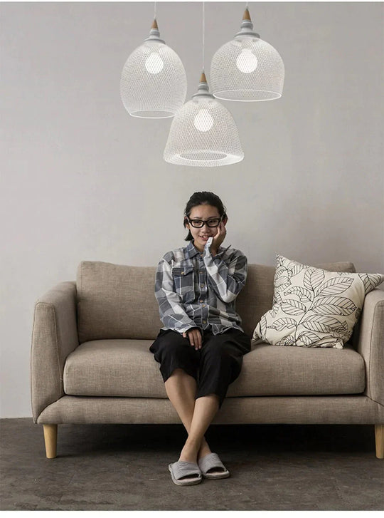 Wrought Iron Pendant Lights Hanging Lamp Wood Pleated Net Lighting E27 Restaurant Bar Hall Light