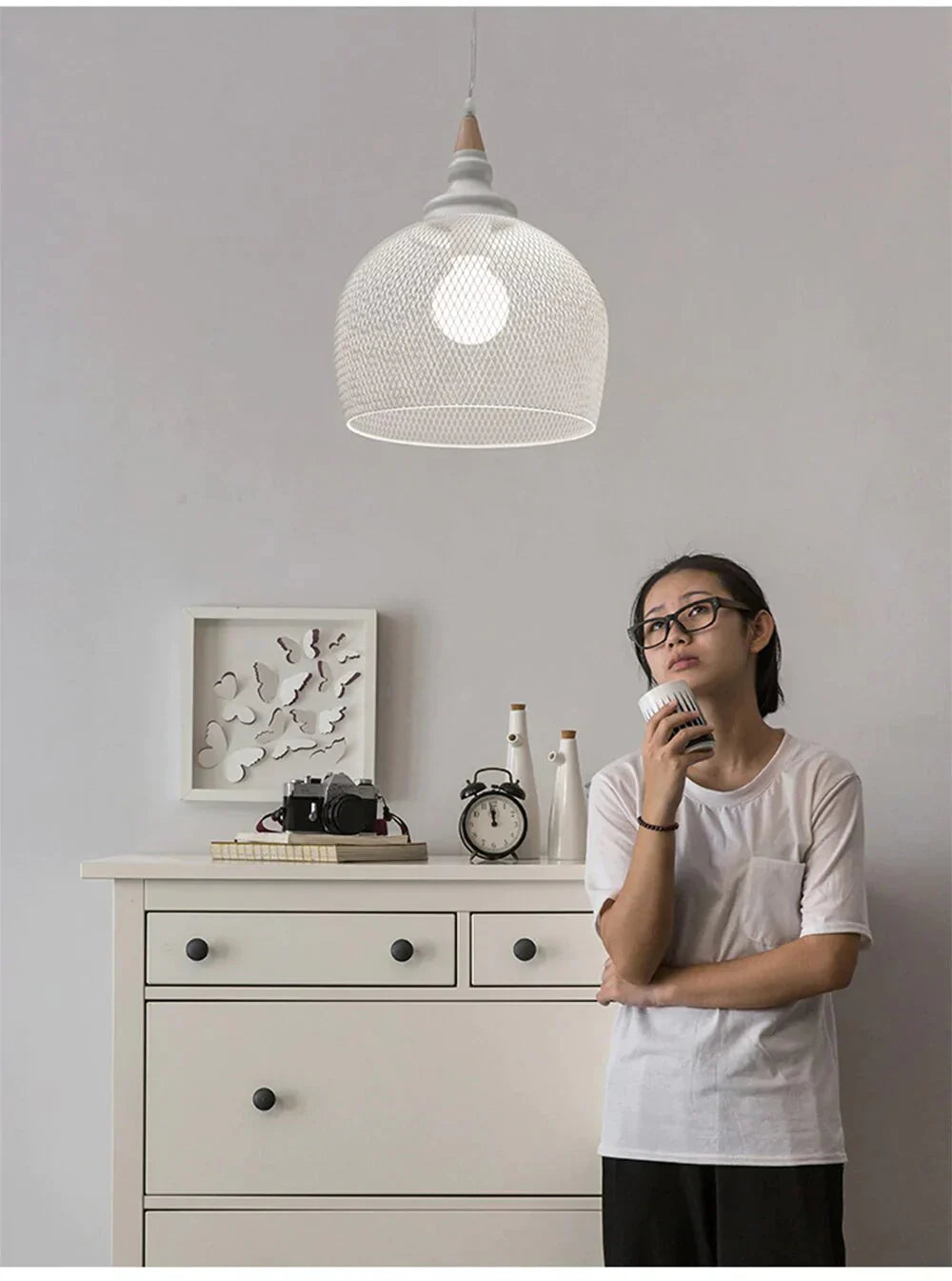 Wrought Iron Pendant Lights Hanging Lamp Wood Pleated Net Lighting E27 Restaurant Bar Hall Light