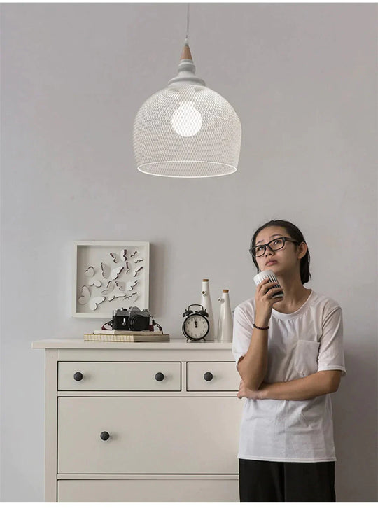 Wrought Iron Pendant Lights Hanging Lamp Wood Pleated Net Lighting E27 Restaurant Bar Hall Light
