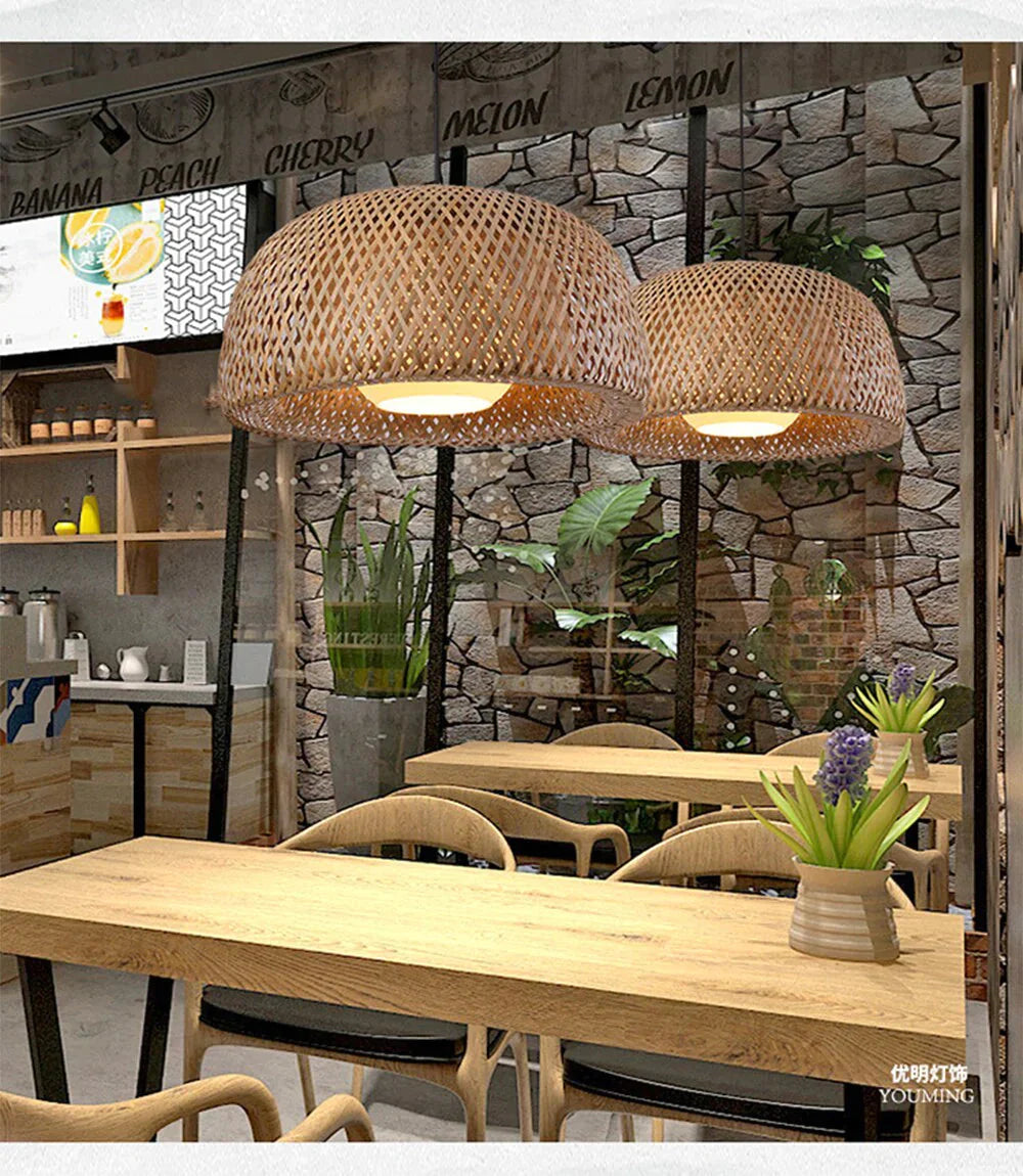 Bamboo Pendant Light Chinese Led Weaving Nest Antique E27 Hanging Lamps Lanterns Living Room