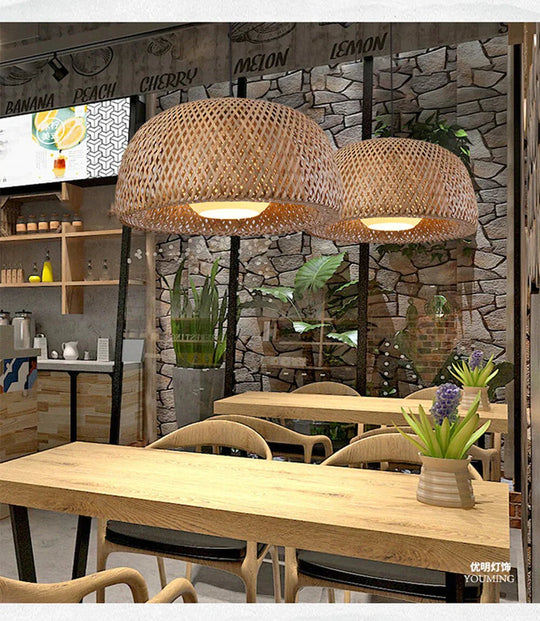 Bamboo Pendant Light Chinese Led Weaving Nest Antique E27 Hanging Lamps Lanterns Living Room