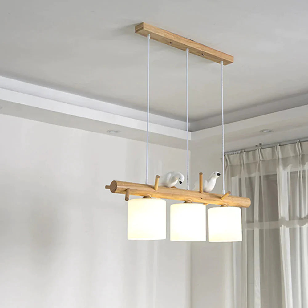 Solid Wood Chandelier Birds Simple Modern Restaurant Glass Lampshades Dining Room Bedroom Hanging