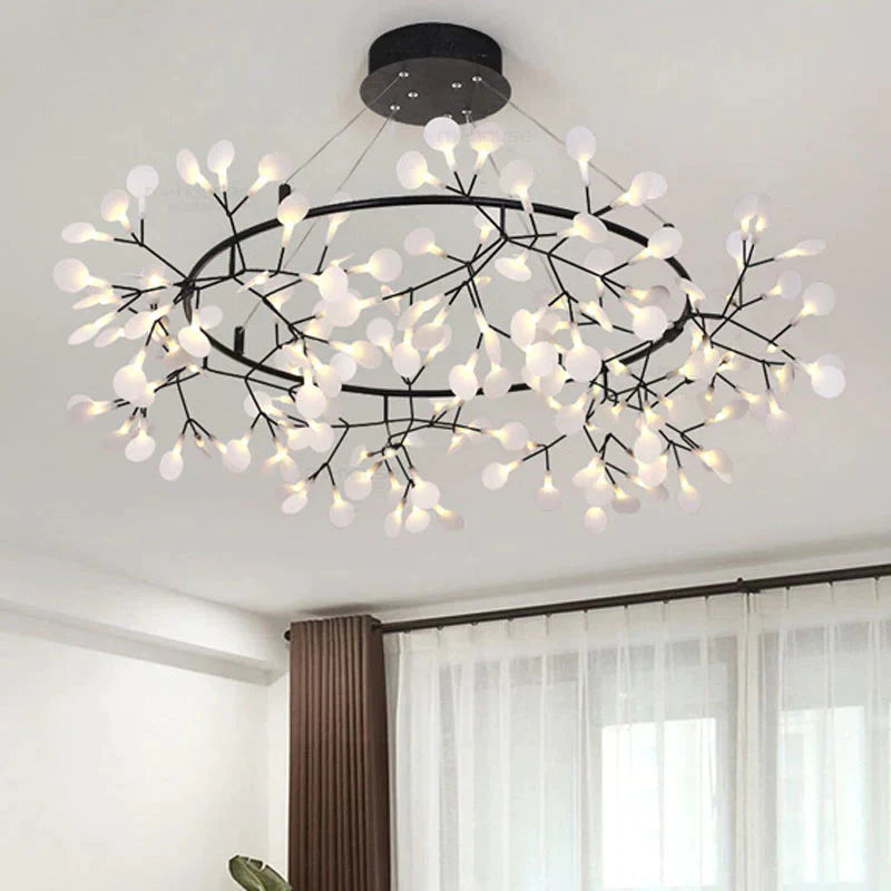 Modern Led Big Round Pendant Lamp With Firefly Tree Branch And Leaf Design Ideal For Restaurants