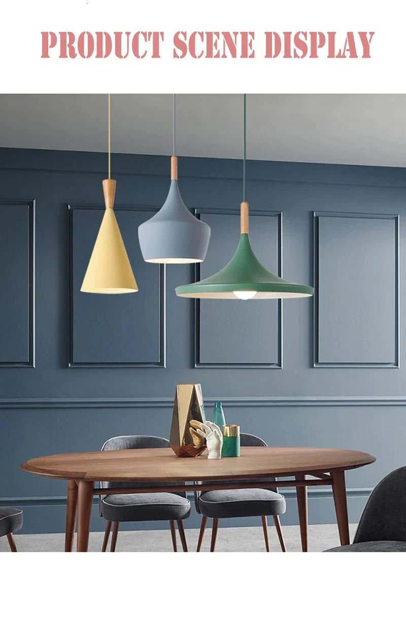 Nordic Creative Bar Loft Pendant Lights Cafe Restaurant Bedroom Multicolor Aluminum Lamp Shade Wood