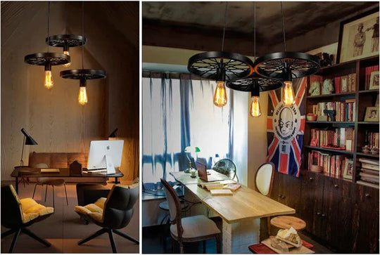 Retro Industrial Iron Wheel Vintage Black Pendant Lamp Classic Loft Lights E27 For Restaurant