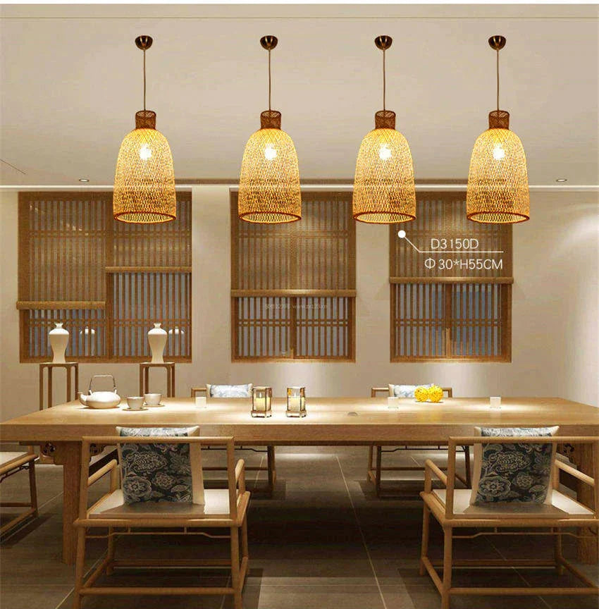 Vintage Bamboo Art Pendant Lights Wood Wicker Chinese Lamp Suspension Home Indoor Dining Room